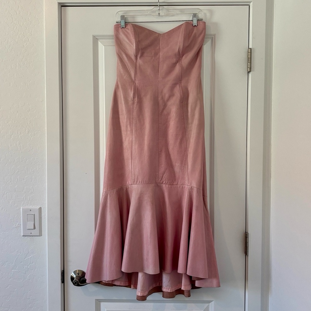 Vakko Bodycon Sweetheart Strapless Fishtail Blush Pink Leather Dress Prom